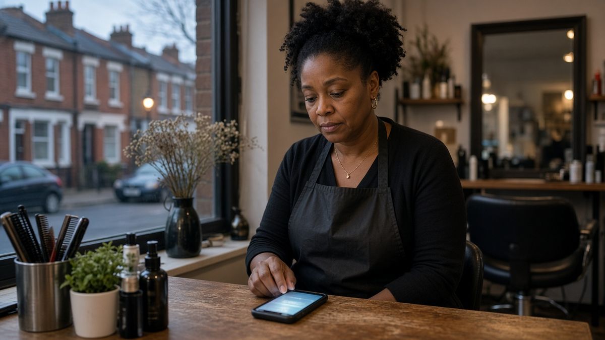 A hairdresser in her fifties sits in her quiet salon at dusk, looking at a missed call on her phone