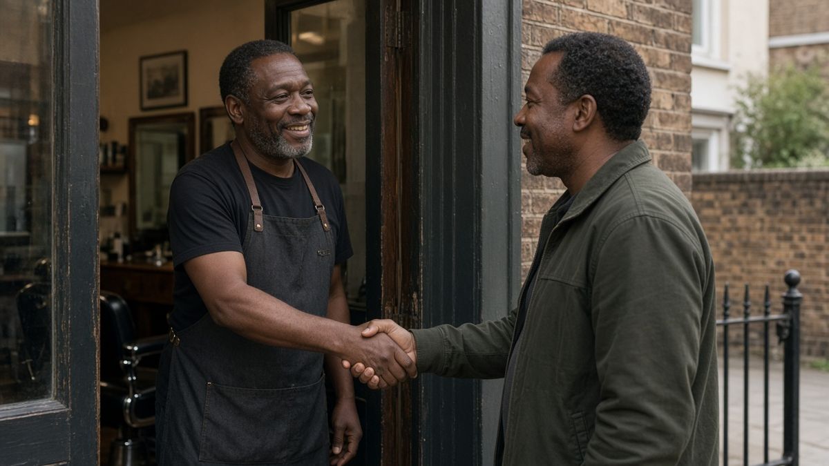 A barber in his fifties shakes hands with a customer arriving at the door of his neighbourhood barbershop