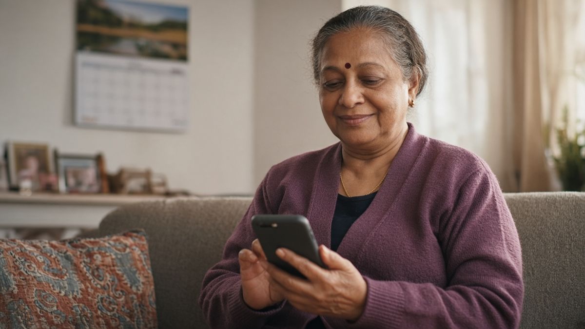 A woman in her sixties sits on her sofa at home, reading a short reminder message on her mobile phone and smiling slightly