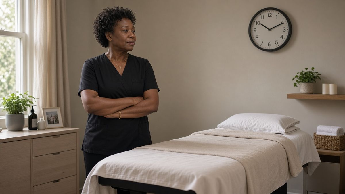 A beauty therapist in her fifties stands with her arms folded beside an empty treatment couch, glancing towards the clock on the wall