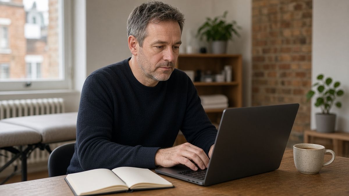 A physiotherapist in his late forties sits at a desk with a laptop and an open paper diary, setting up appointment reminders